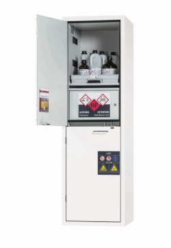 [EN]: Acid lye cabinet RAL7035 Door hinge right, 600x605x1970 mm including 3x pull-out shelves and