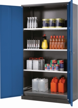 [EN]: Chemical cabinet CS-Classic 1055 x 520 x 1950 mm (WxDxH), RAL 7016 Hinged doors RAL 5010, 3 shelves,