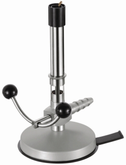 [EN]: Bunsen burner for natural gas, air regulation, double lever valve, pilot flame inside, DIN version
