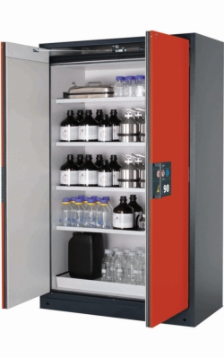 [EN]: Saftey cabinet Q-PEGASUS-90 WDAC 1193x615x1953mm (WxDxH), RAL7016/3020, 4 shelves, 1 perf.plate, 1 bottom tray