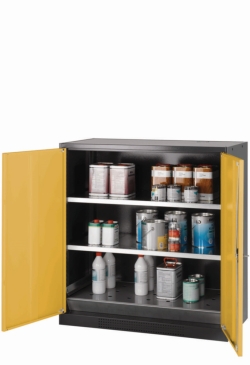 [EN]: Chemical cabinet CS-Classic 1055 x 520 x 1005 mm (WxDxH), swing doors grey RAL 1004, 2 shelves, 1 perforated