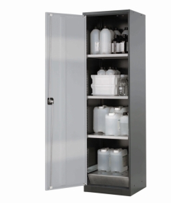 [EN]: Chemical cabinet CS-Classic RAL7016, 545x520x1950mm, 3 shelves, 1 perforated metal insert, 1 bottom colleting sump