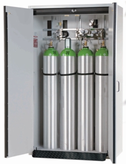 [EN]: Compressed gas cylinder cabinet type G30 1200x615x2050mm (WxDxH), RAL 7035 incl. mounting rails, bottle holder, rolling r