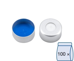 Aluminium crimp cap N 11, silver center hole,Silicone white/PTFE blue,cross-slitted 55&deg; shore A, thickness: 1.5 mm, pack of 100