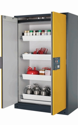 [EN]: Saftey cabinet Q-Classic-90 WD 1200 x 615 x 1955 mm (WxDxH), RAL 7016/RAL 1004, 4 pull-out shelves