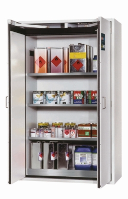 [EN]: Safety Cabinet S-CLASSIC-90 WD 1968x1200x615mm (HxWxD), RAL 7035, 3 shelves, 1 perforated plate, 1 bottom collection sump