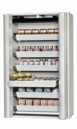[EN]: Saftey cabinet S-PHOENIX-90 FDAS 1200 x 615 x 1968 mm (WxDxH), folding doors, incl. 6 pull-out drawers, grey RAL 7035