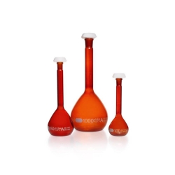 Volumetric flask DURAN&reg;, amber glass, class A, white graduated, incl. individual certificate
