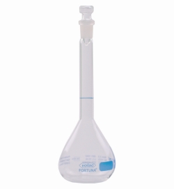 Volumetric Flasks Volac FORTUNA&reg;, boro 3.3, class A, with glass stoppers, blue graduation